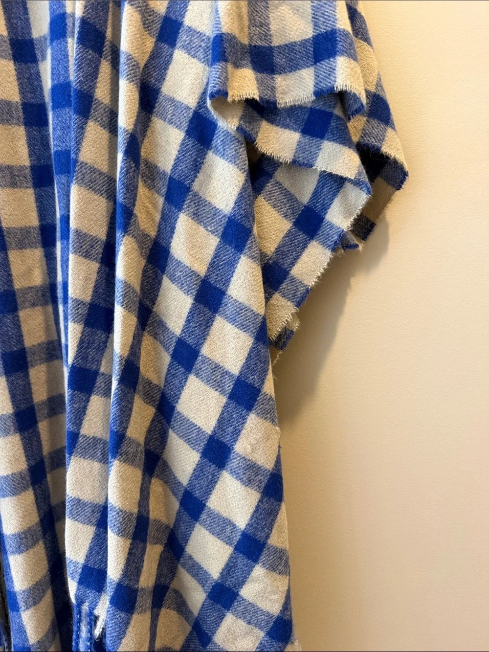 A New Day Buffalo Check Plaid Fringe Ruana Wrap in Blue, One Size NWT